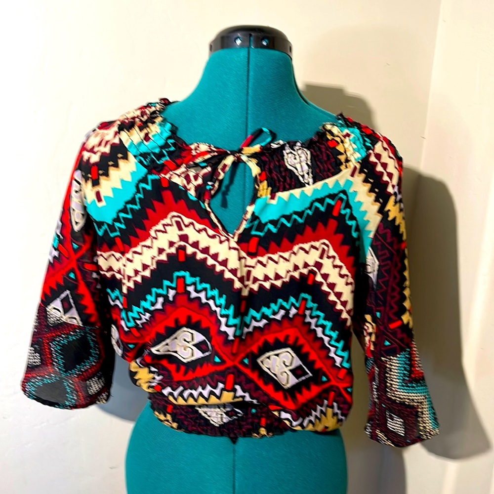O’Neil womens blouse the with 3/4 bell sleeves with shirred elastic waist
